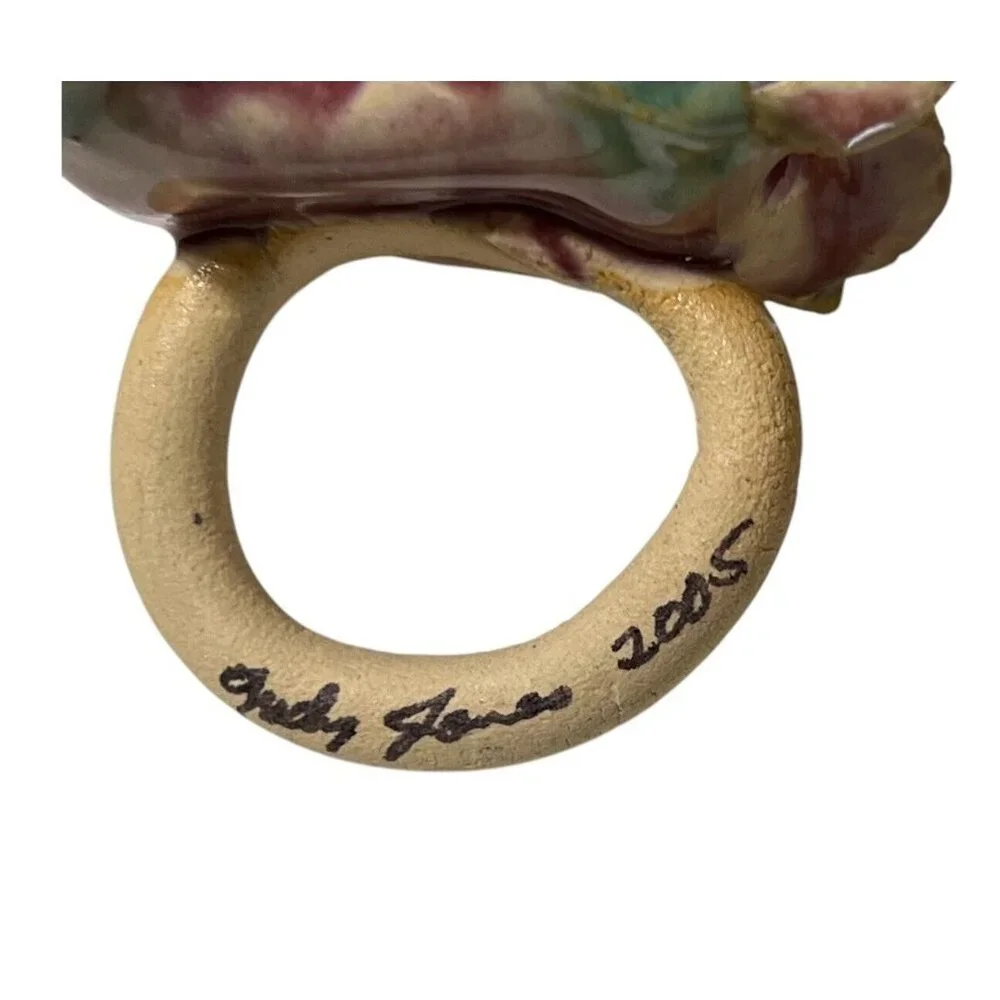 8 Judy Jones Pottery Signed Napkin Rings Studio Art Floral Design Multicolor Vtg